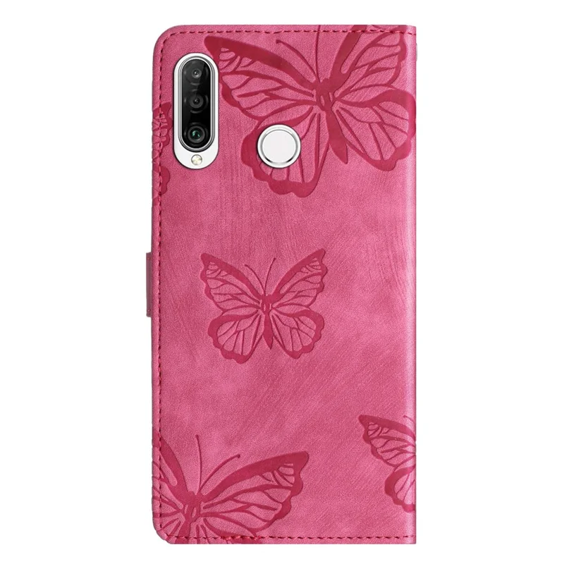 Futerał skórzany z funkcją wizytówki i podstawki do Huawei P30 Lite z nadrukiem motyla - różowy