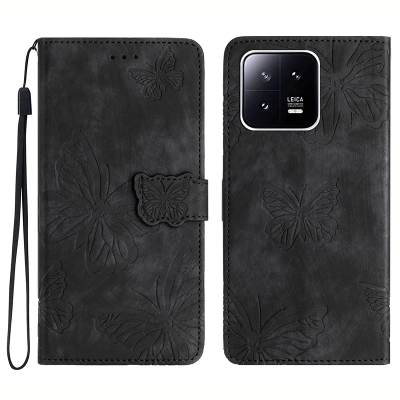 Étui en cuir imprimé de papillon pour Xiaomi 13 Pro 5G, couverture de téléphone en cuir à toucher de peau avec support - Noir