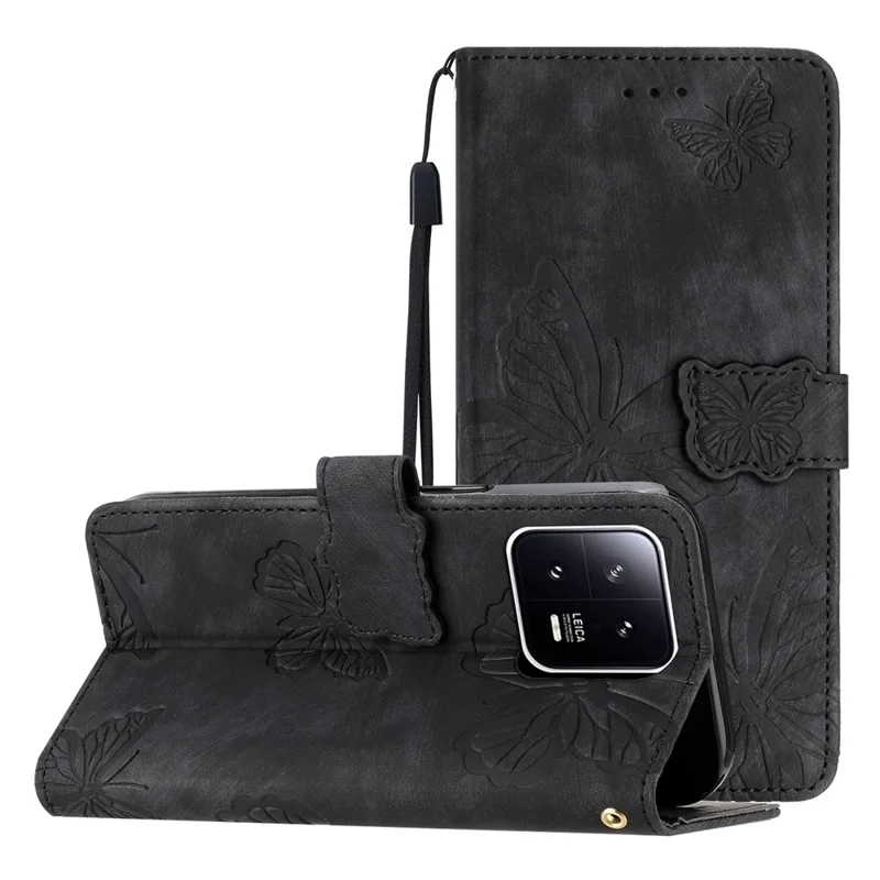 Étui en cuir imprimé de papillon pour Xiaomi 13 Pro 5G, couverture de téléphone en cuir à toucher de peau avec support - Noir