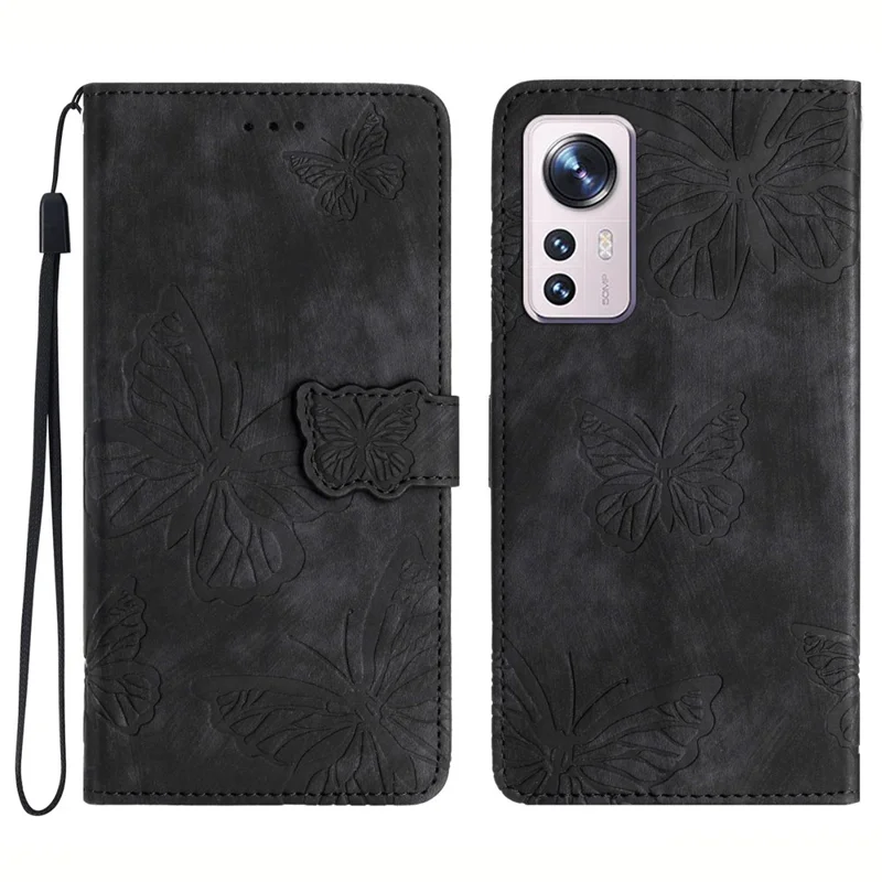 Für Xiaomi 12 Lite 5G PU-Leder-Geldbörsen-Handyhülle mit Hautberührung und Schmetterlingsaufdruck, Telefonständer - Schwarz