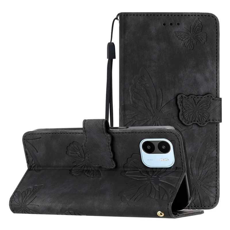For Xiaomi Redmi A1 4G / A2 4G Butterfly Imprinted Leather Phone Case with Stand Wallet - Black
