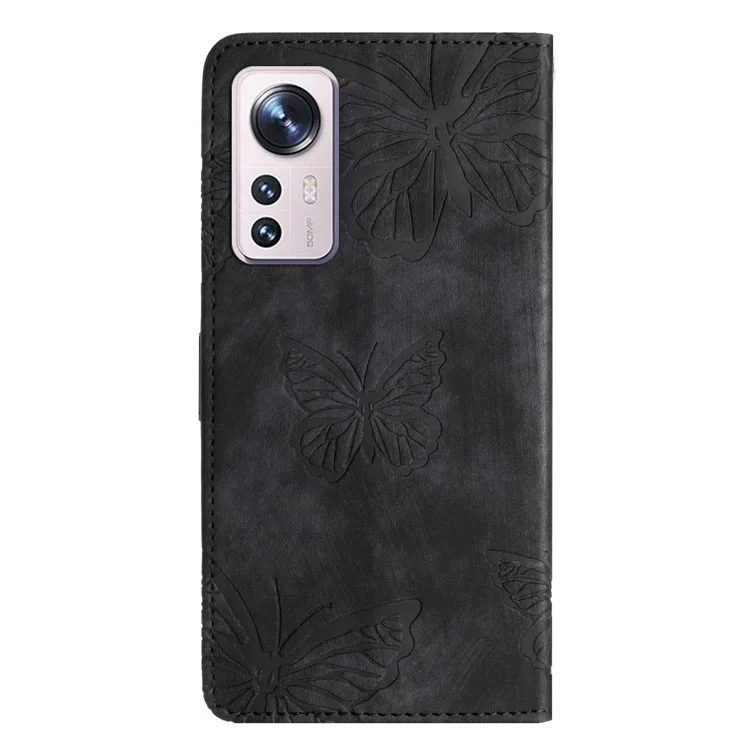 Для Xiaomi 12 Pro 5G / 12S Pro 5G / 12 Pro (Dimensity) 5G Стойка для телефона Чехол из искусственной кожи с тиснением в виде бабочки - Черный