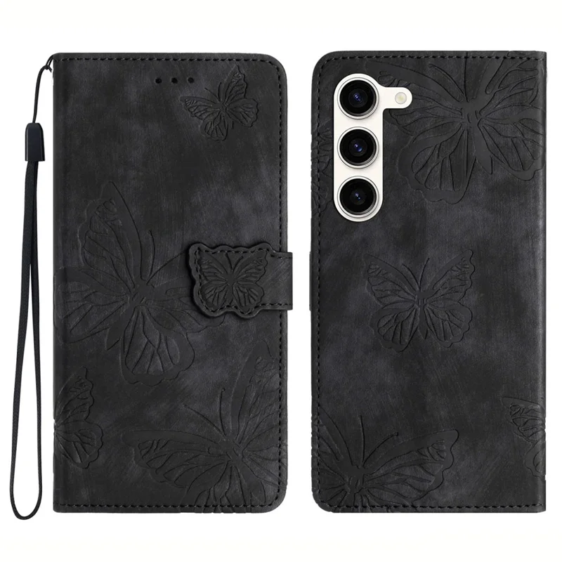 Для Samsung Galaxy S23+ PU Leather Stand Cover Butterfly Imprinted Skin-touch Wallet Phone Case - Black
