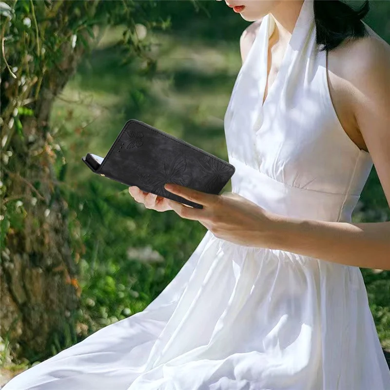 Для Samsung Galaxy S23+ PU Leather Stand Cover Butterfly Imprinted Skin-touch Wallet Phone Case - Black