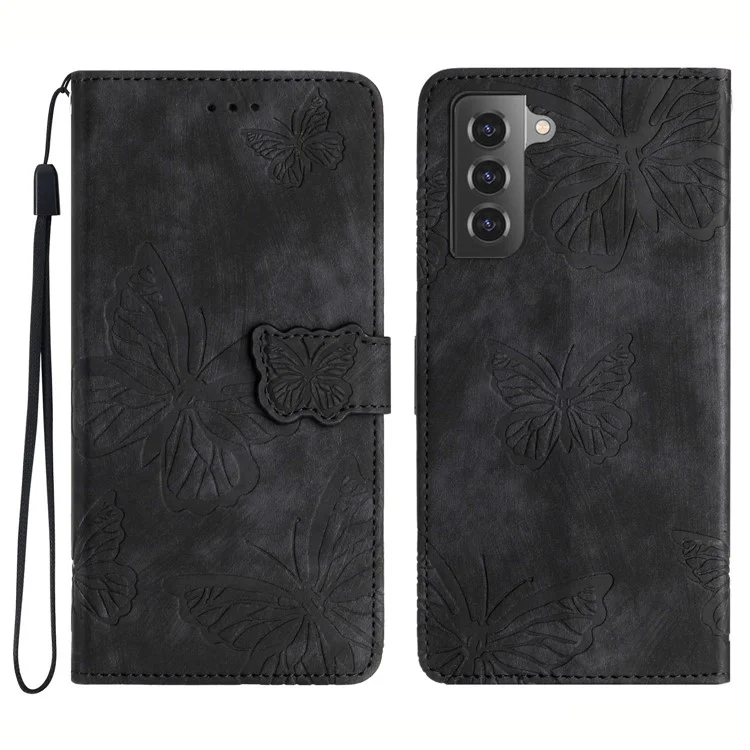 Für Samsung Galaxy S22 5G Wallet Phone Case Skin-Touch Ledercover Schmetterling bedruckter Standtelefon-Schale - Schwarz
