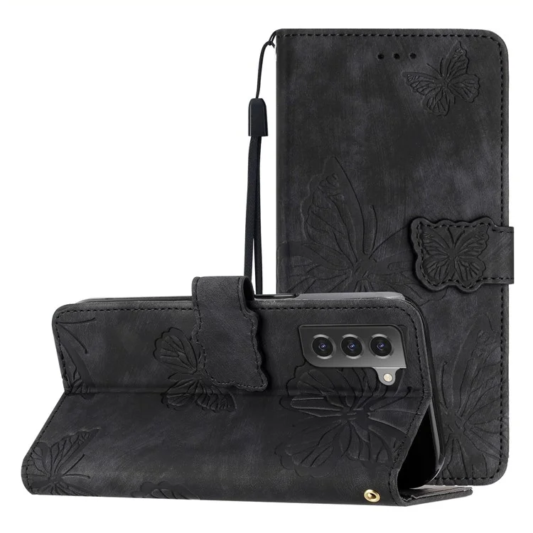 Für Samsung Galaxy S22 5G Wallet Phone Case Skin-Touch Ledercover Schmetterling bedruckter Standtelefon-Schale - Schwarz