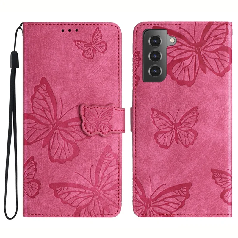 For Samsung Galaxy S22 5G Wallet Phone Case Skin-Touch Leather Cover Butterfly Imprinted Stand Phone Shell - Rose