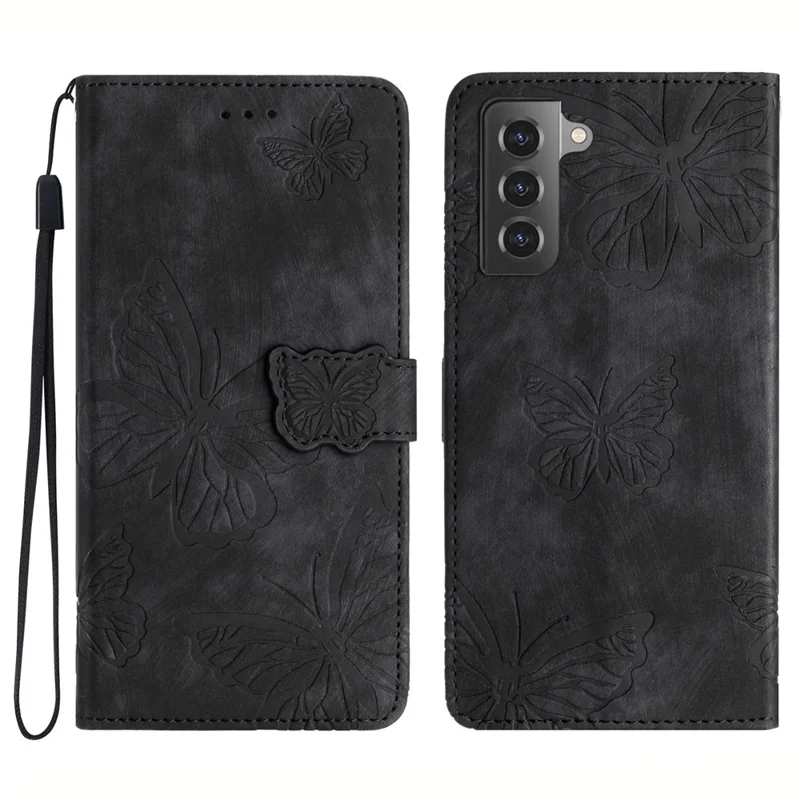For Samsung Galaxy S22+ 5G Skin-Touch Phone Case Butterfly Imprinted Leather Phone Cover with Wallet - Black