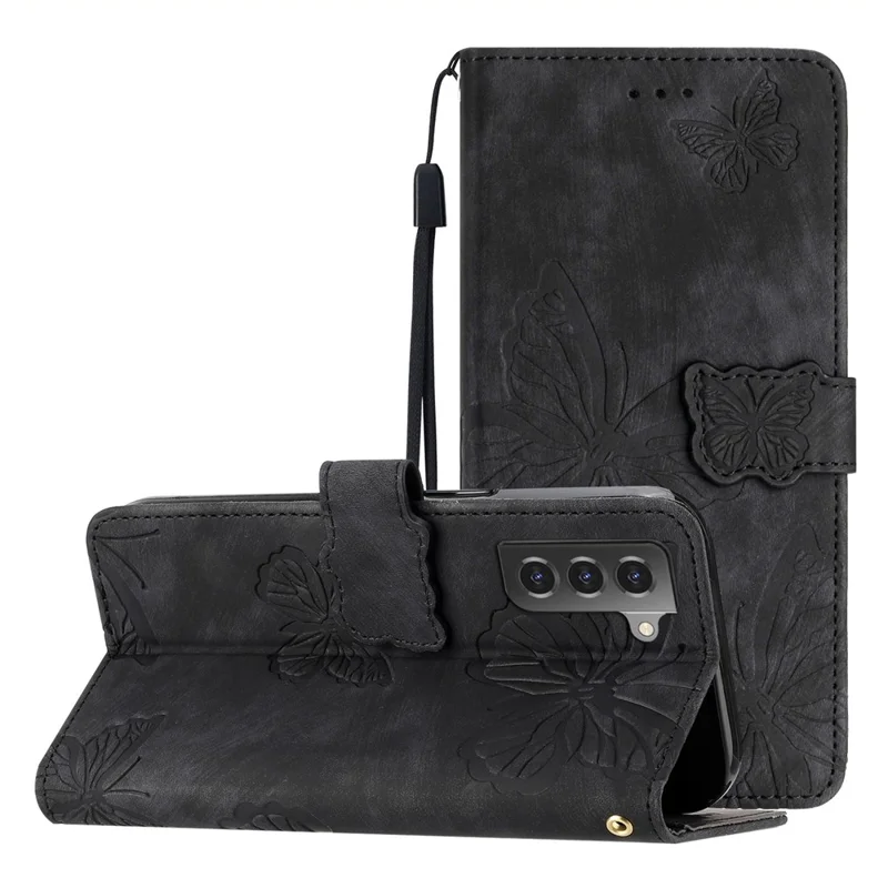 For Samsung Galaxy S22+ 5G Skin-Touch Phone Case Butterfly Imprinted Leather Phone Cover with Wallet - Black