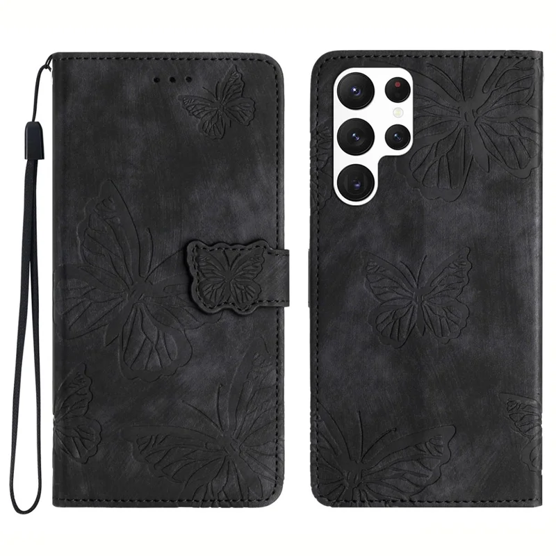 For Samsung Galaxy S22 Ultra 5G Shockproof Case Butterfly Imprinted Leather Wallet Case Skin-Touch Phone Cover - Black