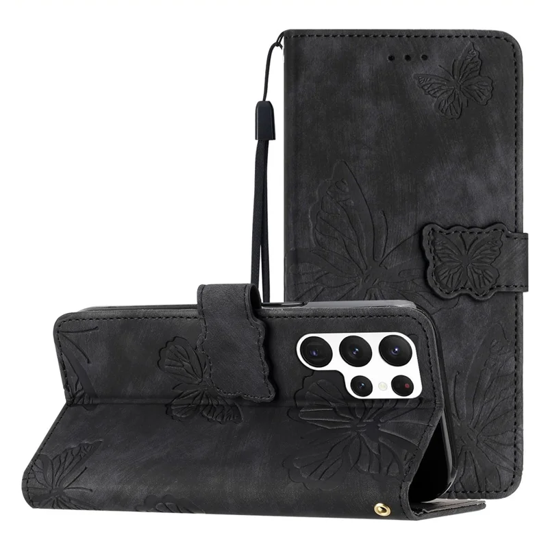 For Samsung Galaxy S22 Ultra 5G Shockproof Case Butterfly Imprinted Leather Wallet Case Skin-Touch Phone Cover - Black