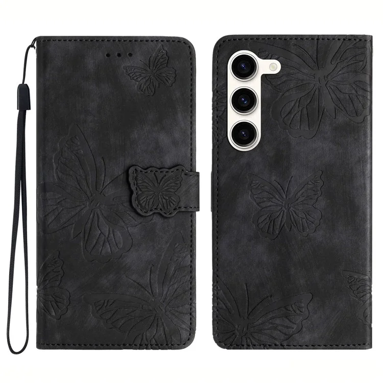 For Samsung Galaxy S23 Protective Leather Case Butterfly Imprinted Skin-Touch Phone Cover with Wallet - Black