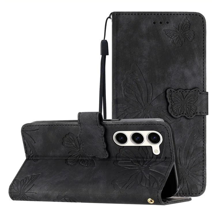For Samsung Galaxy S23 Protective Leather Case Butterfly Imprinted Skin-Touch Phone Cover with Wallet - Black