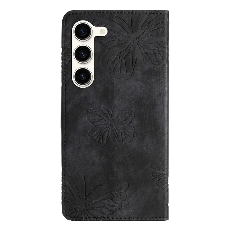 For Samsung Galaxy S23 Protective Leather Case Butterfly Imprinted Skin-Touch Phone Cover with Wallet - Black