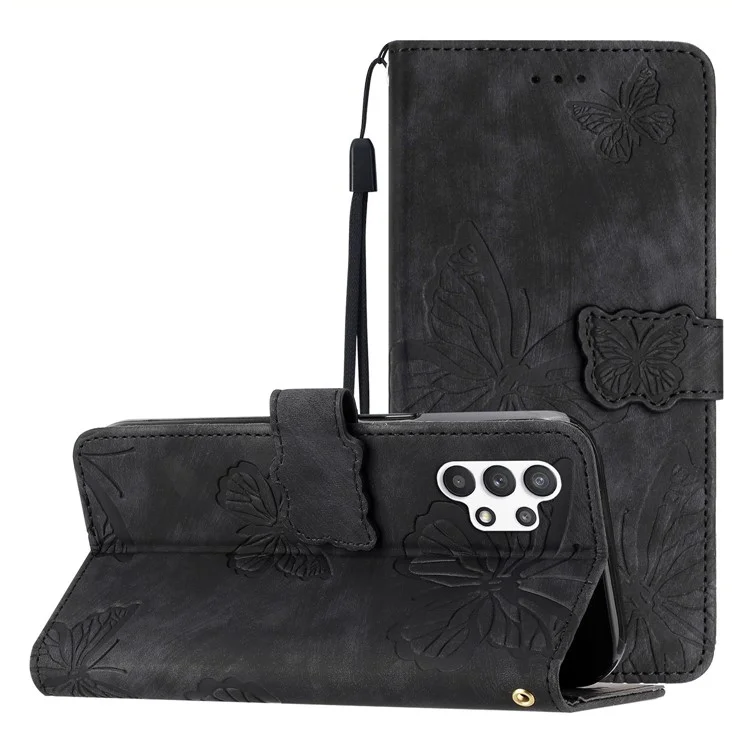 Para Samsung Galaxy A32 5G / M32 5G Skin-touch PU Leather Wallet Case Borboleta Impressa Capa de Telefone com Suporte - Preto