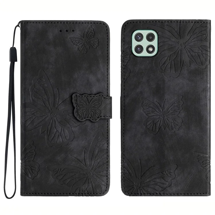 Butterfly Imprinted Shell for Samsung Galaxy A22 5G (EU Version) Stand PU Leather Wallet Skin-touch Phone Cover - Black