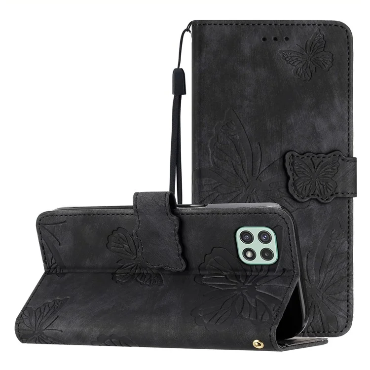 Butterfly Imprinted Shell for Samsung Galaxy A22 5G (EU Version) Stand PU Leather Wallet Skin-touch Phone Cover - Black