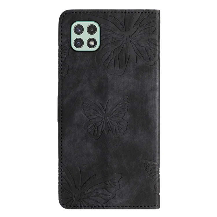 Butterfly Imprinted Shell for Samsung Galaxy A22 5G (EU Version) Stand PU Leather Wallet Skin-touch Phone Cover - Black