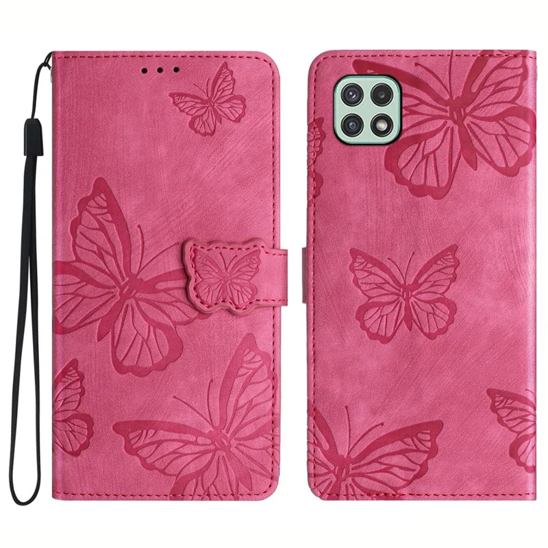 Schmetterling bedrucktes Gehäuse für Samsung Galaxy A22 5G (EU-Version) Ständer PU-Leder-Brieftasche Skin-touch-Handyhülle - Rose