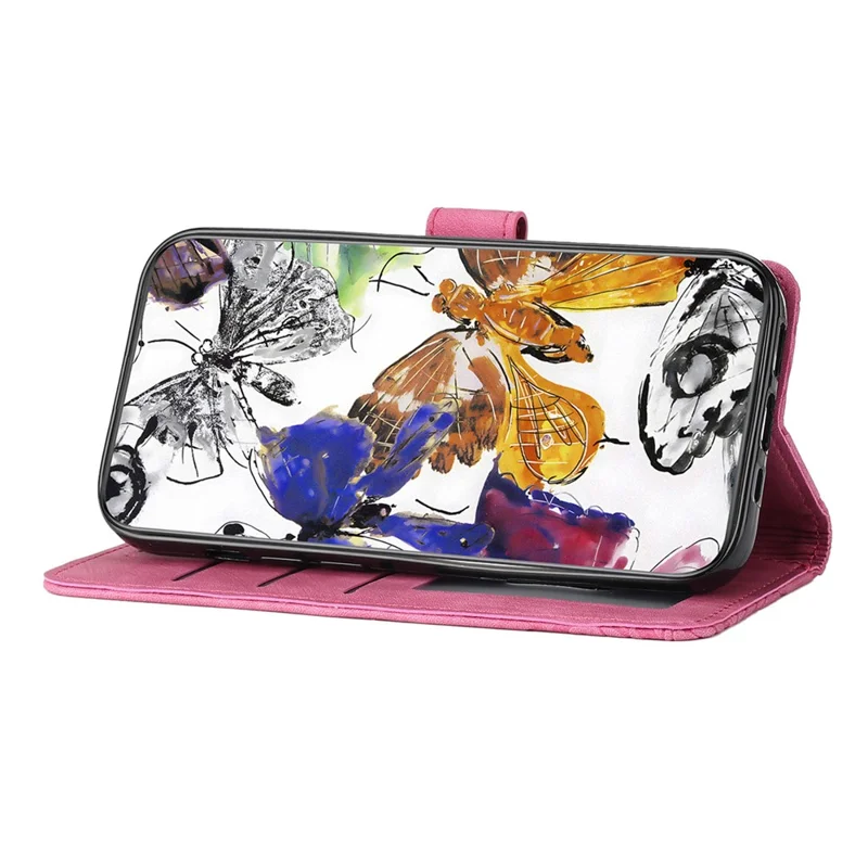 Schmetterling bedrucktes Gehäuse für Samsung Galaxy A22 5G (EU-Version) Ständer PU-Leder-Brieftasche Skin-touch-Handyhülle - Rose