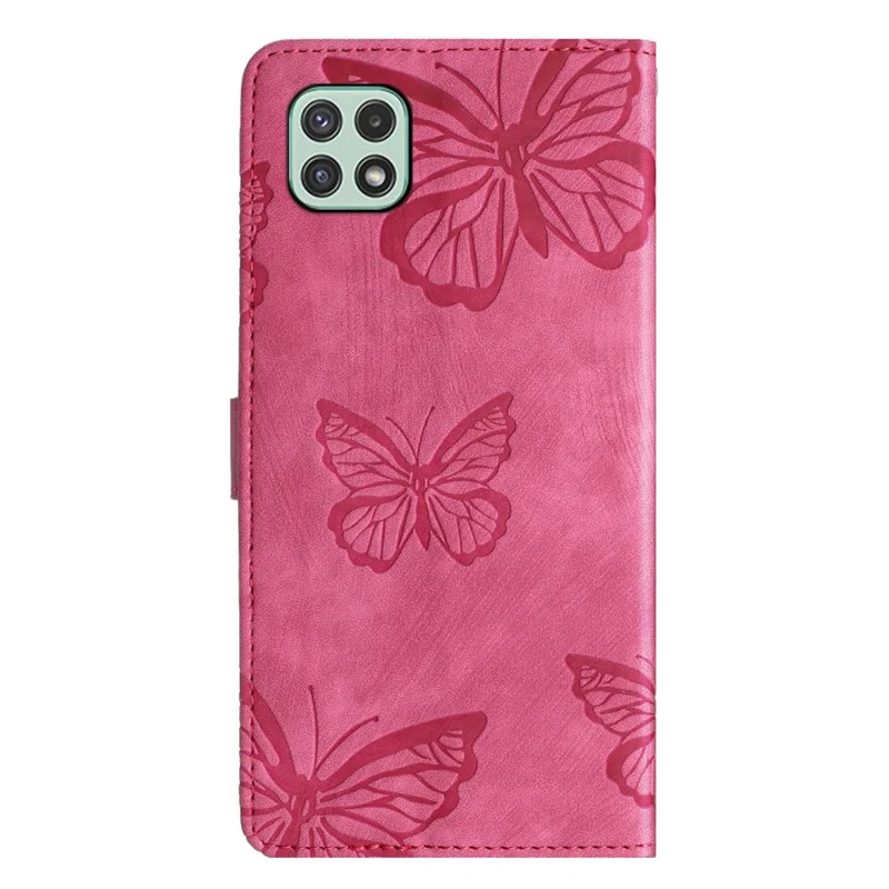 Schmetterling bedrucktes Gehäuse für Samsung Galaxy A22 5G (EU-Version) Ständer PU-Leder-Brieftasche Skin-touch-Handyhülle - Rose