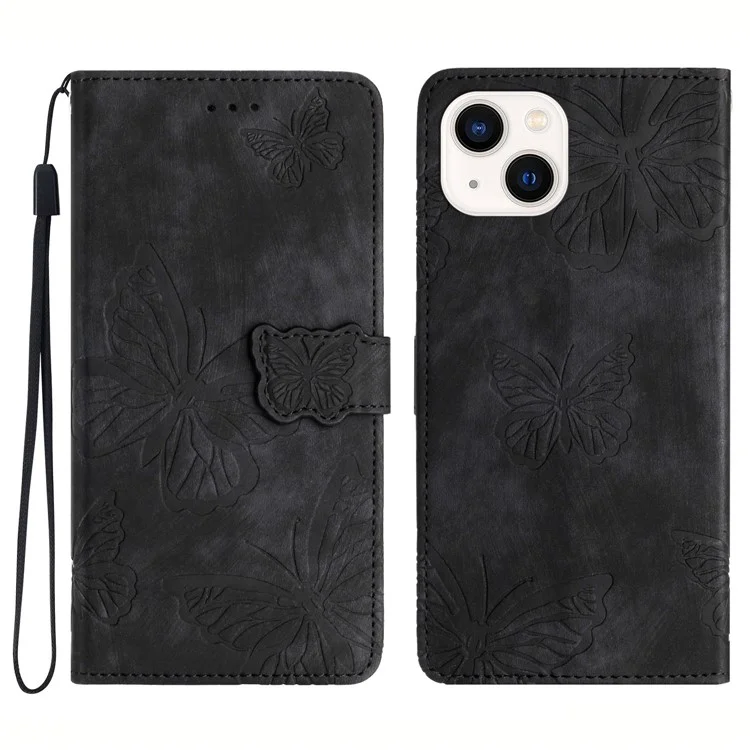 Per iPhone 14 PU Leather Flip Case Anti-drop Stand Wallet Butterfly Imprinted Skin-touch Phone Cover - Nero
