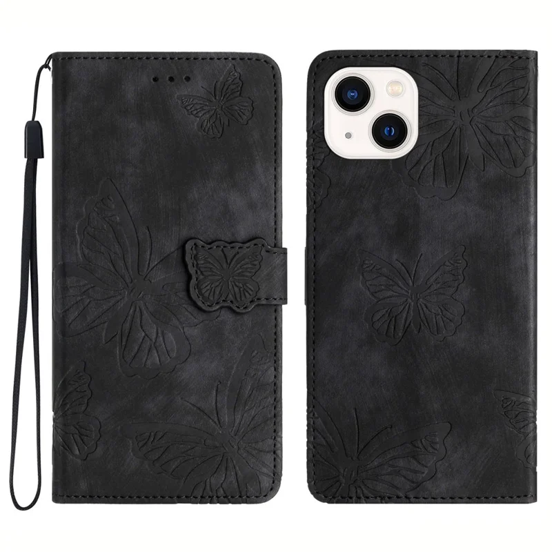 Stand Shell for iPhone 13 6.1 inch PU Leather Wallet Case Butterfly Imprinted Skin-touch Phone Cover - Black