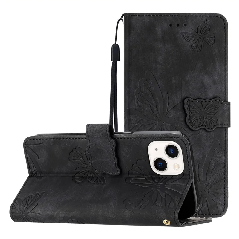 Stand Shell for iPhone 13 6.1 inch PU Leather Wallet Case Butterfly Imprinted Skin-touch Phone Cover - Black