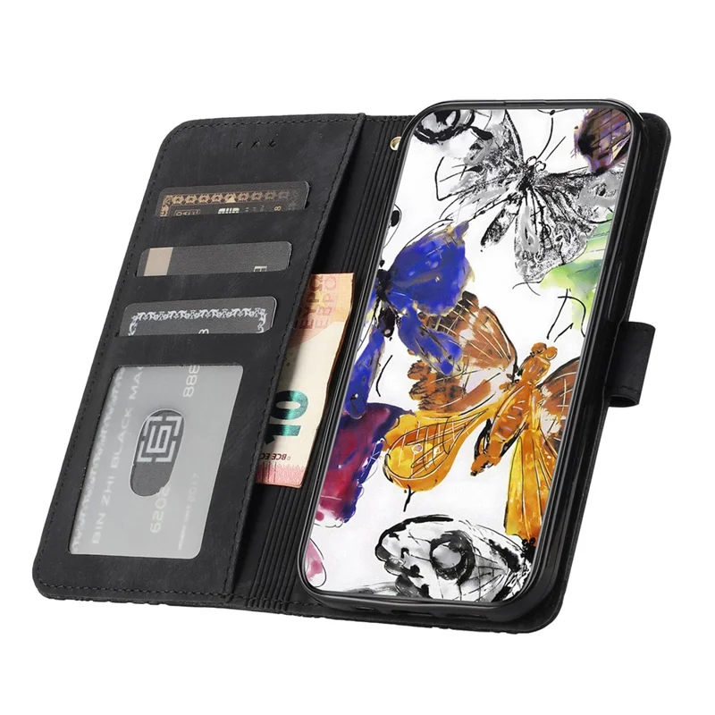 Stand Shell for iPhone 13 6.1 inch PU Leather Wallet Case Butterfly Imprinted Skin-touch Phone Cover - Black
