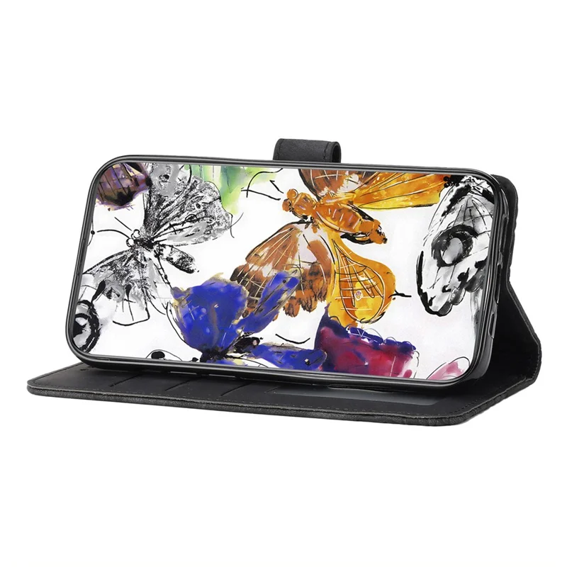 Stand Shell for iPhone 13 6.1 inch PU Leather Wallet Case Butterfly Imprinted Skin-touch Phone Cover - Black