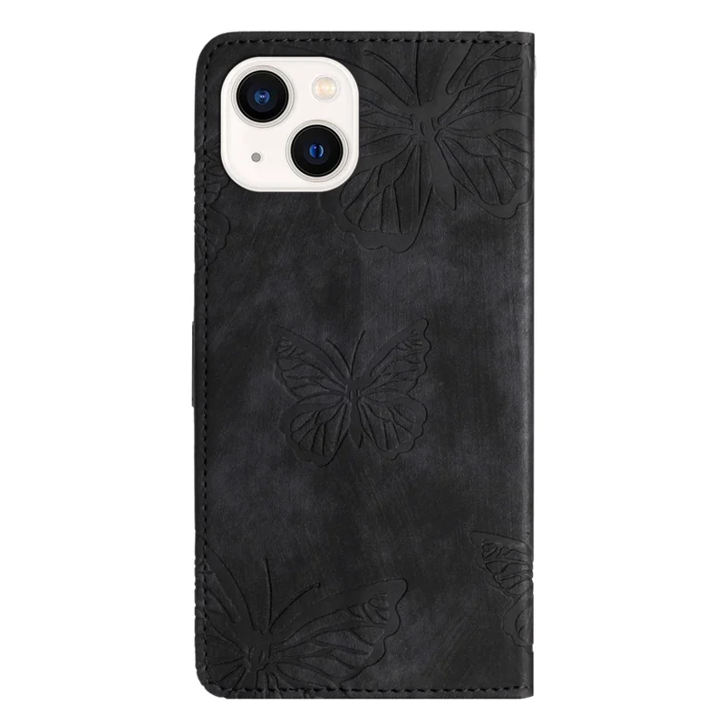 Stand Shell for iPhone 13 6.1 inch PU Leather Wallet Case Butterfly Imprinted Skin-touch Phone Cover - Black