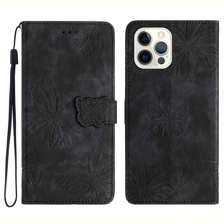 Skin-Touch-Handy-Cover für iPhone 13 Pro Max 6,7 Zoll, PU-Leder, Ständer, Geldbörse, Schmetterling-Prägung, Schwarz