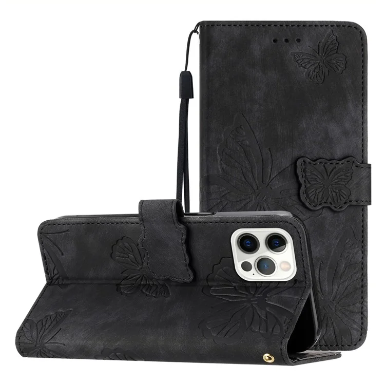 Skin-Touch-Handy-Cover für iPhone 13 Pro Max 6,7 Zoll, PU-Leder, Ständer, Geldbörse, Schmetterling-Prägung, Schwarz