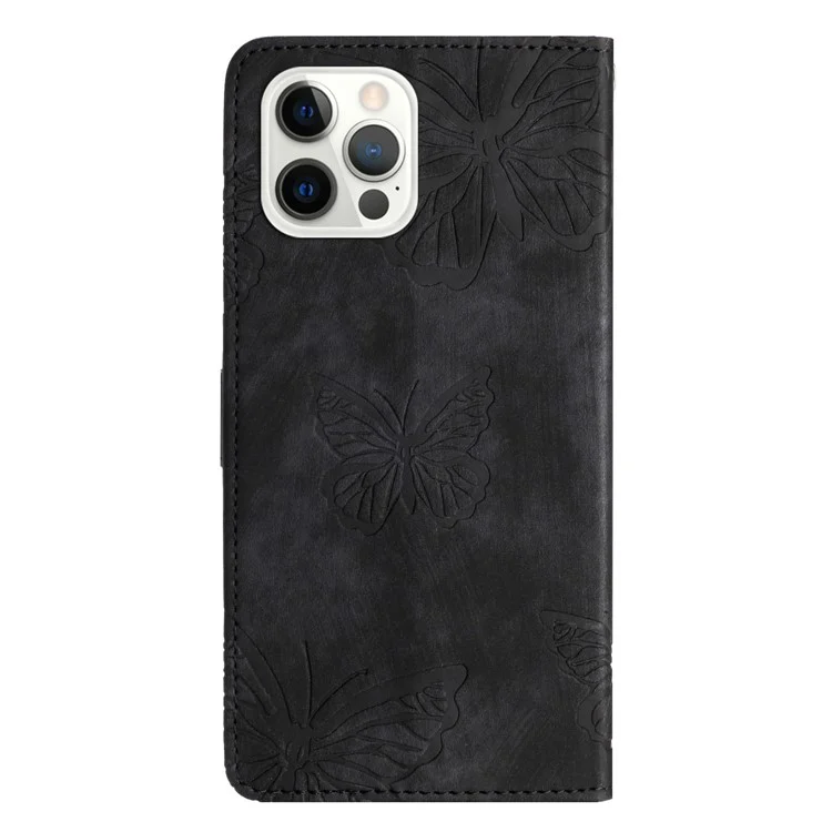 Skin-Touch-Handy-Cover für iPhone 13 Pro Max 6,7 Zoll, PU-Leder, Ständer, Geldbörse, Schmetterling-Prägung, Schwarz