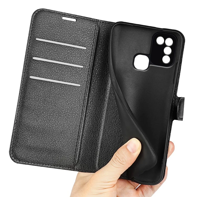 For Infinix Hot 11 Play Litchi Texture PU Leather Wallet Anti-Drop Shell Flip Stand Phone Case - Black
