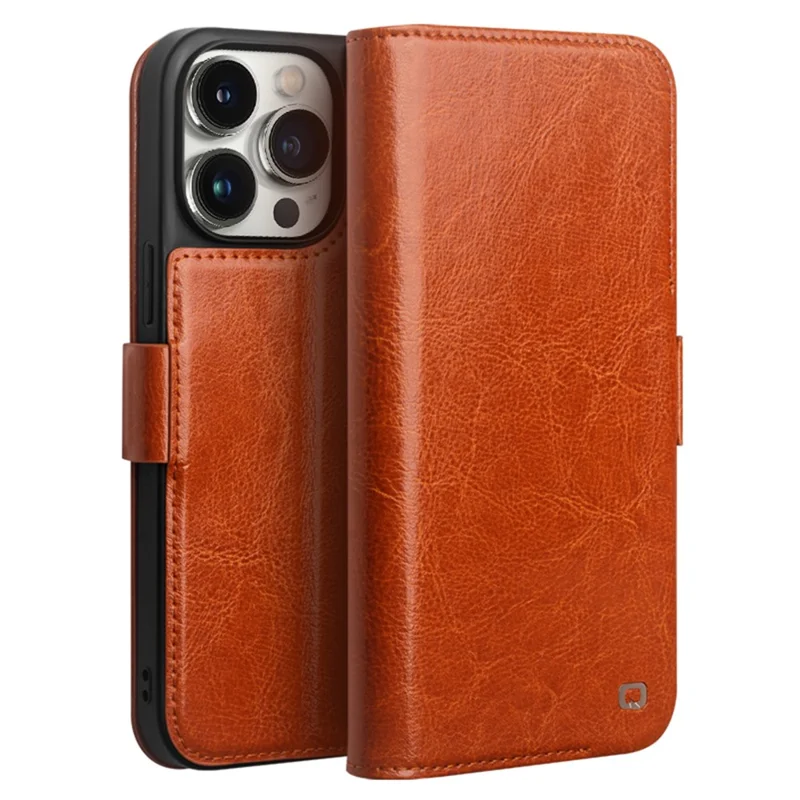 QIALINO Для iPhone 14 Pro Genuine Cow Leather Phone Case Stand Folio Wallet Cover - Light Brown