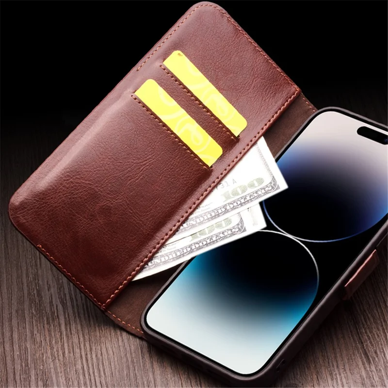 QIALINO Для iPhone 14 Pro Genuine Cow Leather Phone Case Stand Folio Wallet Cover - Light Brown