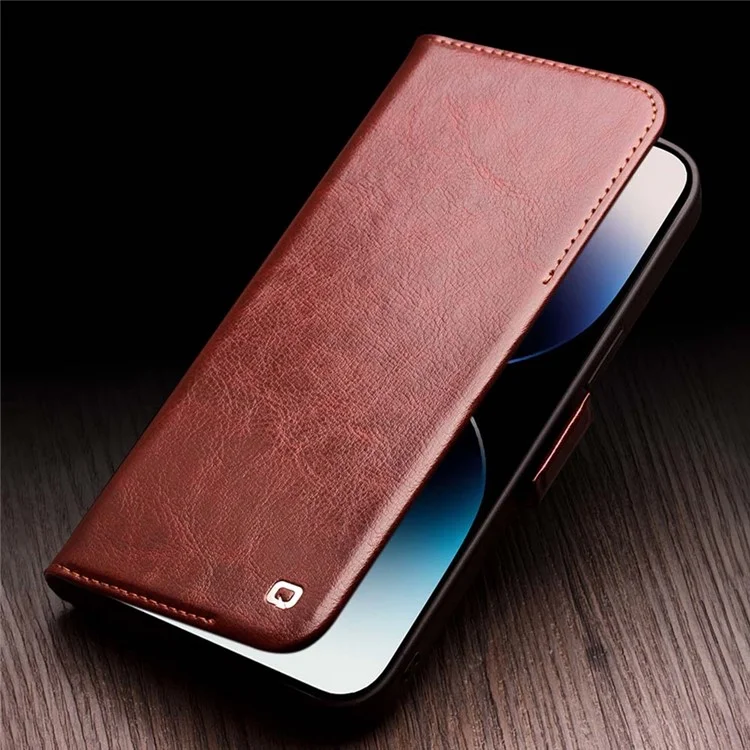 QIALINO Для iPhone 14 Pro Genuine Cow Leather Phone Case Stand Folio Wallet Cover - Light Brown