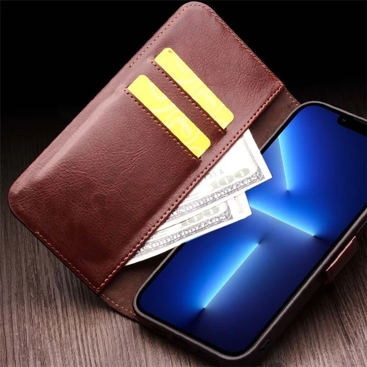 QIALINO para iPhone 13 Pro de 6.1 pulgadas Funda de cuero genuino de vaca Funda magnética de soporte - Marrón oscuro