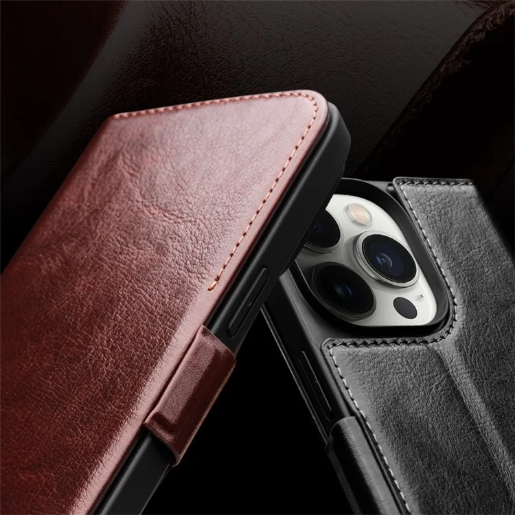 QIALINO para iPhone 13 Pro de 6.1 pulgadas Funda de cuero genuino de vaca Funda magnética de soporte - Marrón oscuro