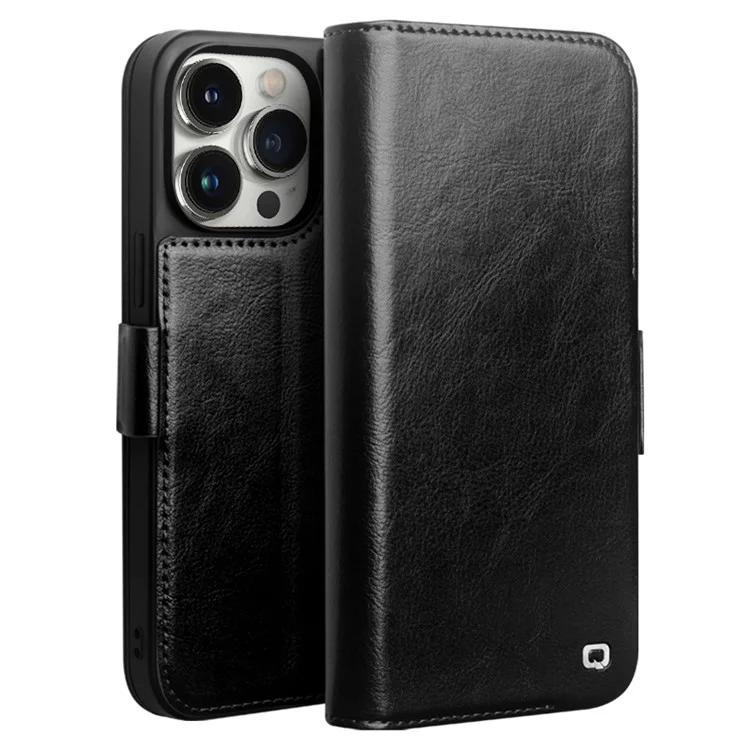 QIALINO Per iPhone 13 Pro Max 6.7 pollici Custodia in vera pelle bovina Wallet Stand Flip Phone Cover - Nero