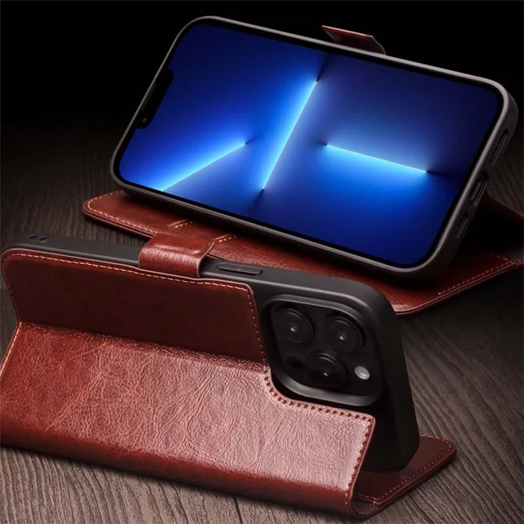 QIALINO Per iPhone 13 Pro Max 6.7 pollici Custodia in vera pelle bovina Wallet Stand Flip Phone Cover - Nero