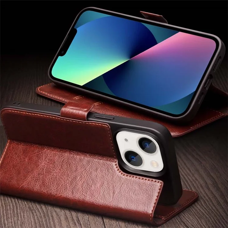 QIALINO для iPhone 13 6.1 дюйма Настоящая кожа коровы Флип чехол-бумажник Подставка Магнитная полная защита Чехол - Темно-коричневый