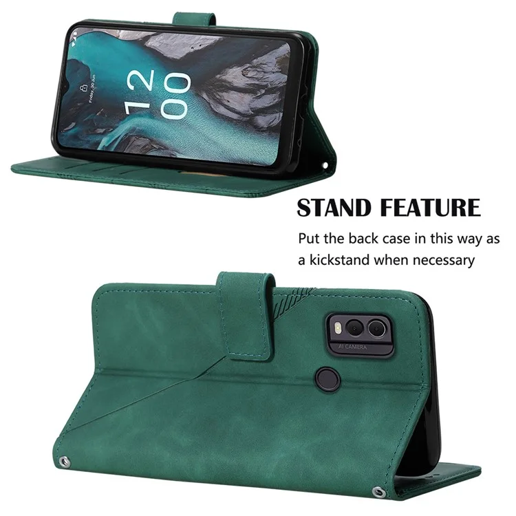 For Nokia C22 Leather Case with Shoulder Strap Wallet Stand Phone Cover - Blackish Green