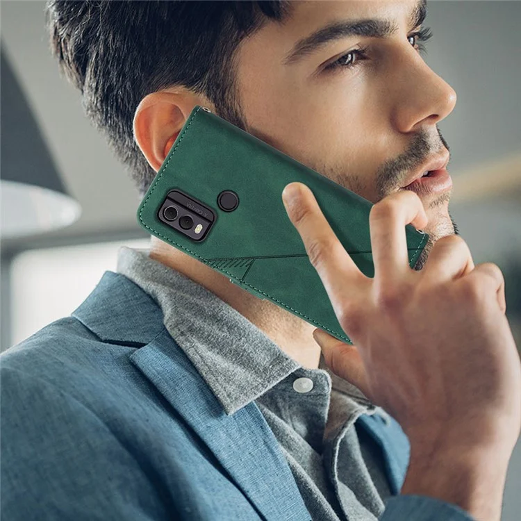 For Nokia C22 Leather Case with Shoulder Strap Wallet Stand Phone Cover - Blackish Green