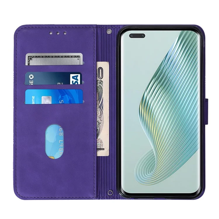 YB Imprinting Series-2 For Honor Magic5 Pro Imprinted Lines PU Leather Phone Case Anti-fall Stand Wallet Cover - Lila