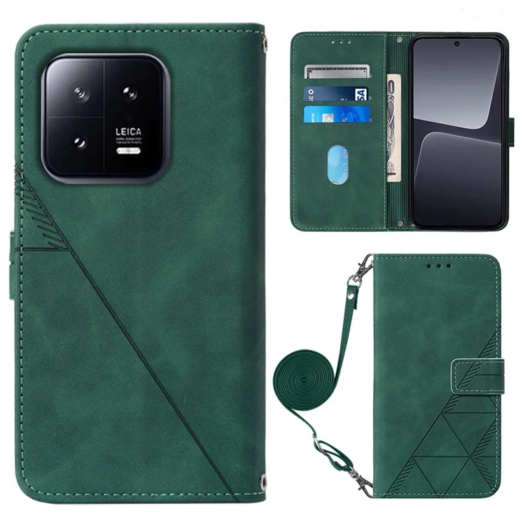 Série YB Imprinting pour Xiaomi 13 5G Imprinted Lines Wallet Cover Leather Phone Case with Stand - Blackish Green
