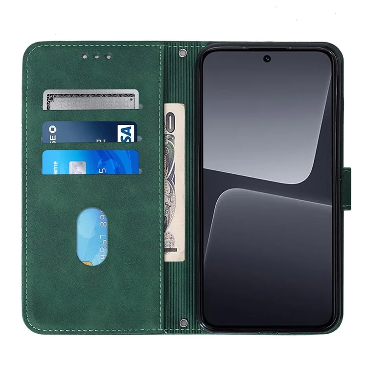 Série YB Imprinting pour Xiaomi 13 5G Imprinted Lines Wallet Cover Leather Phone Case with Stand - Blackish Green