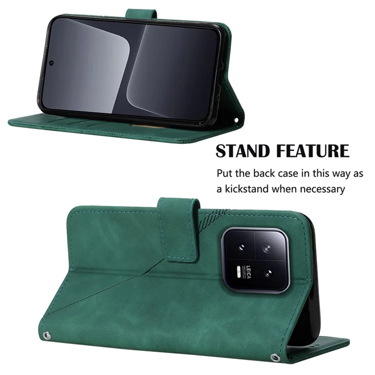 Série YB Imprinting pour Xiaomi 13 5G Imprinted Lines Wallet Cover Leather Phone Case with Stand - Blackish Green
