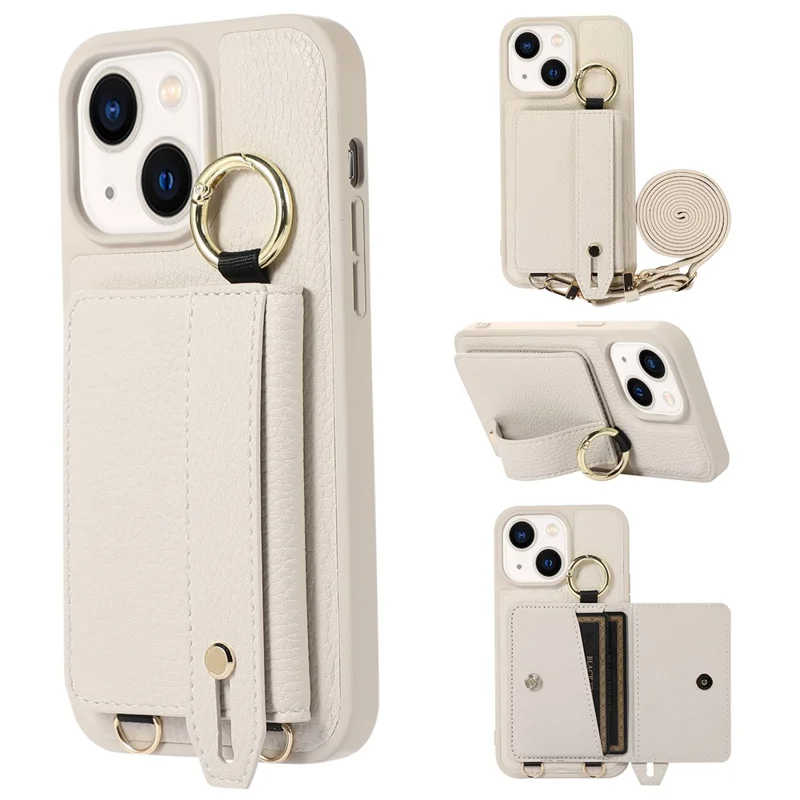 Leather+TPU Cover for iPhone 13 / 14 6.1 inch Card Holder Hand Strap Kickstand Phone Case with Shoulder Strap - White